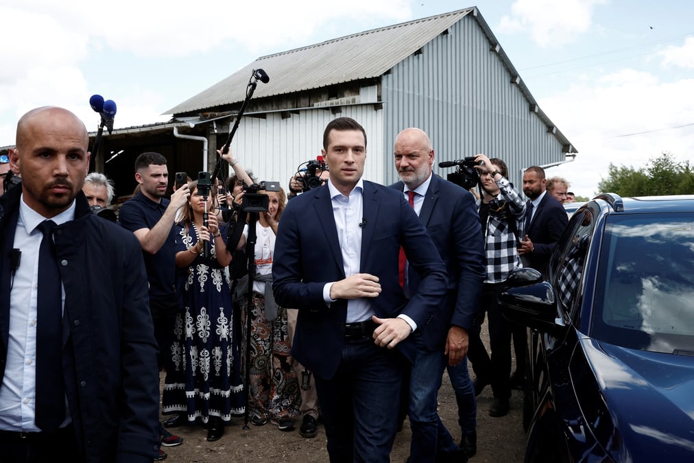President of the french far-right rn party bardella makes first campaign visit for early legislative elections