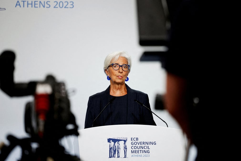 Christine lagarde, presidente de la banque centrale europeenne (bce), s'adresse aux journalistes apres une reunion de politique monetaire du conseil des gouverneurs de la bce