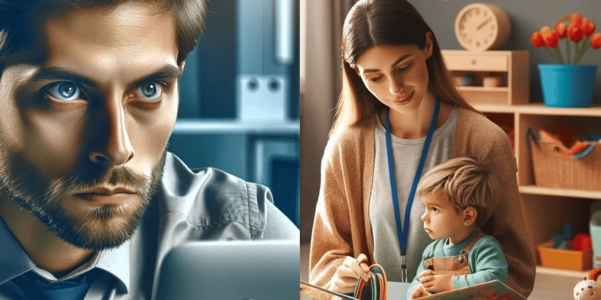 A gauche, l'image d'une personne productive selon DALL-E, à droite, l'image d'une personne s'occupant d'enfants. Dans les deux cas, le genre de la personne n'a pas été précisé au modèle.