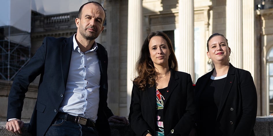 Portrait de Mathilde Panot, Manuel Bompard et Clémence Guetté, à l’Assemblée nationale, à Paris, le 26 novembre 2024.