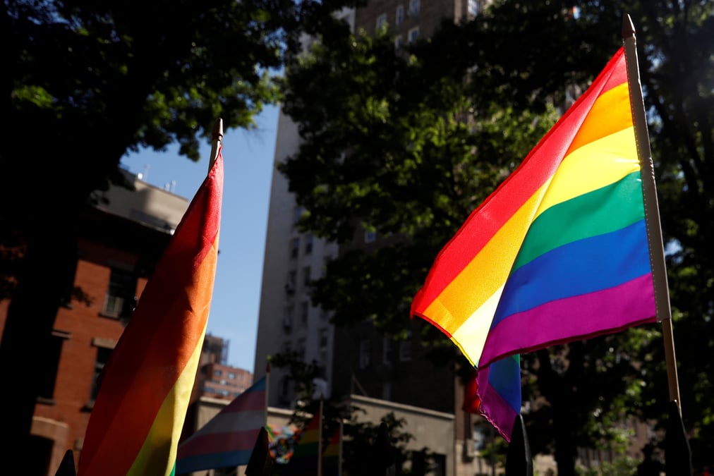 Un drapeau arc-en-ciel flotte au vent dans le parc christopher, devant le stonewall inn a new york