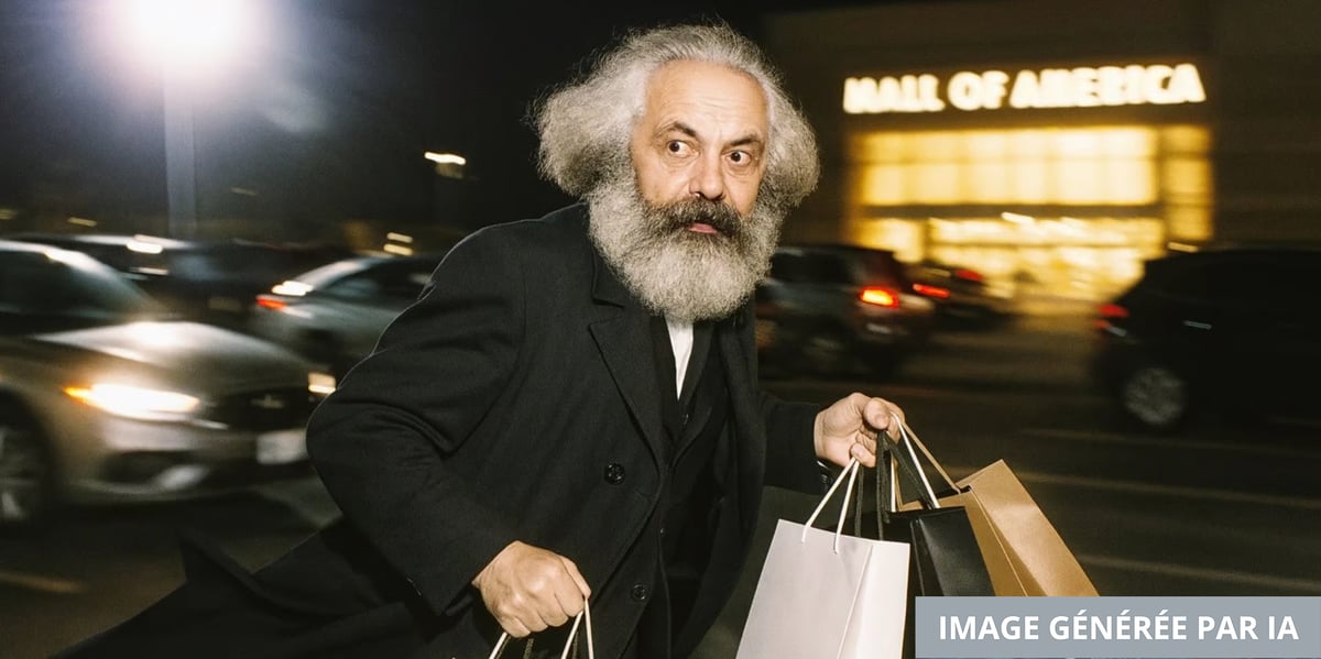 Une image générée par Image 4o représentant Karl Marx en session shopping.