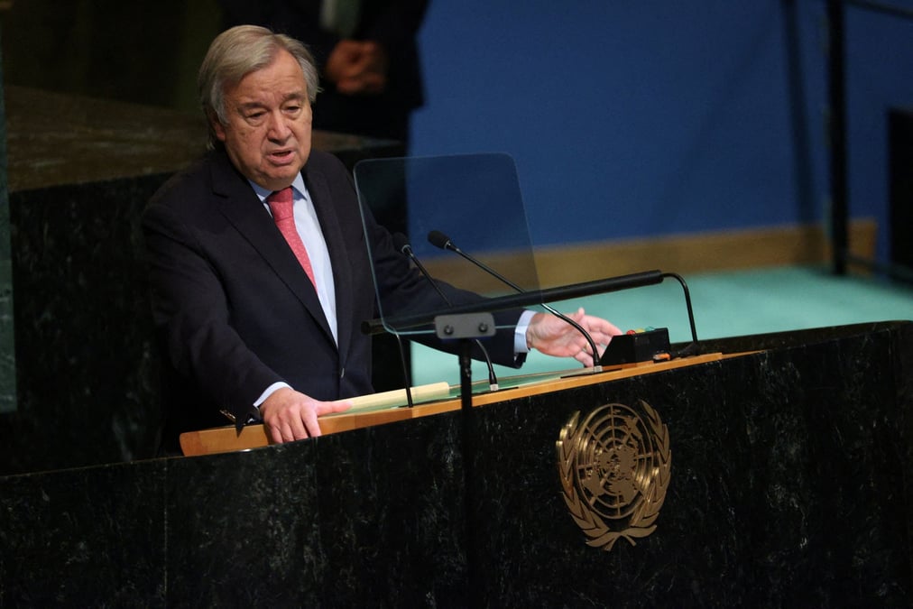 Photo d'archives du secretaire general des nations unies, antonio guterres, s'adressant a la 77e session de l'assemblee generale des nations unies