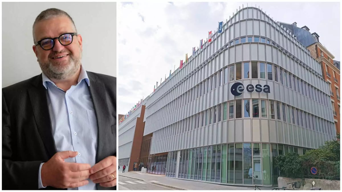 O. Lemaitre, secrétaire général d'Eurospace et le siège rénové de l'ESA à Paris
