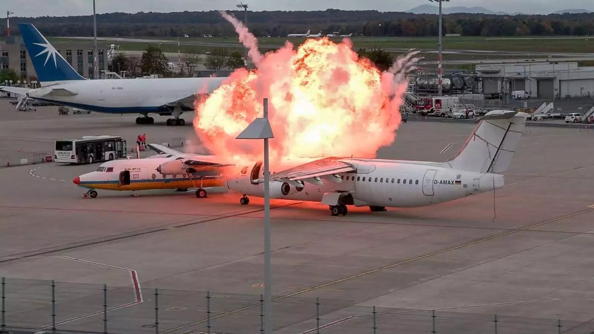 Explosion après l'accident d'avion à l'aéroport de Cologne/Bonn.