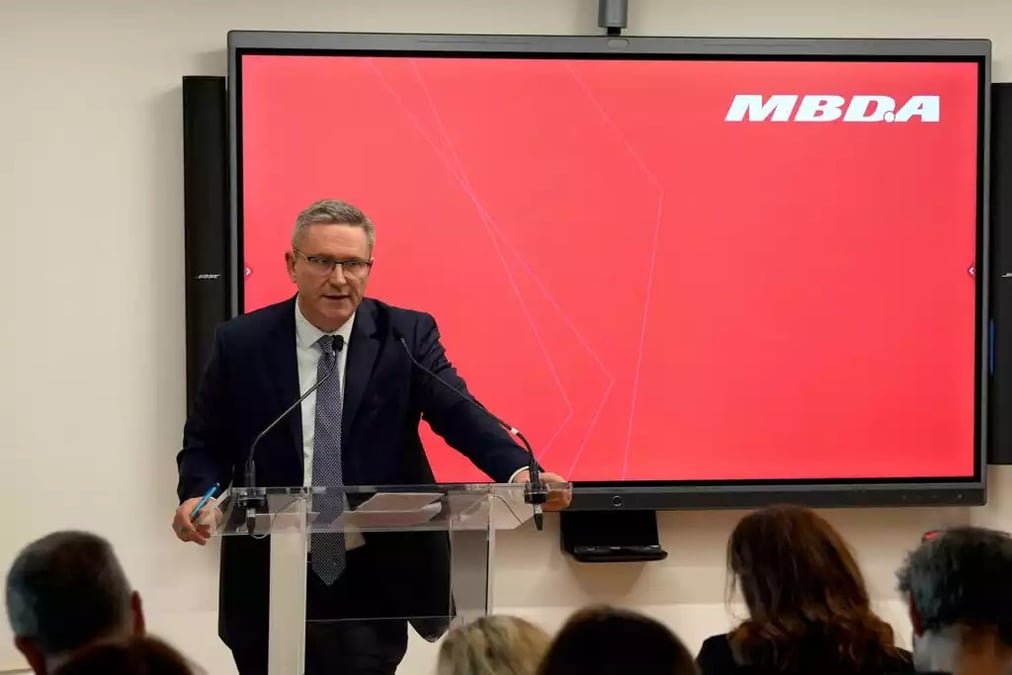 Éric Béranger, CEO de MBDA, durant la conférence de presse annuelle sur les résultats de 2023 (13 mars 2024).