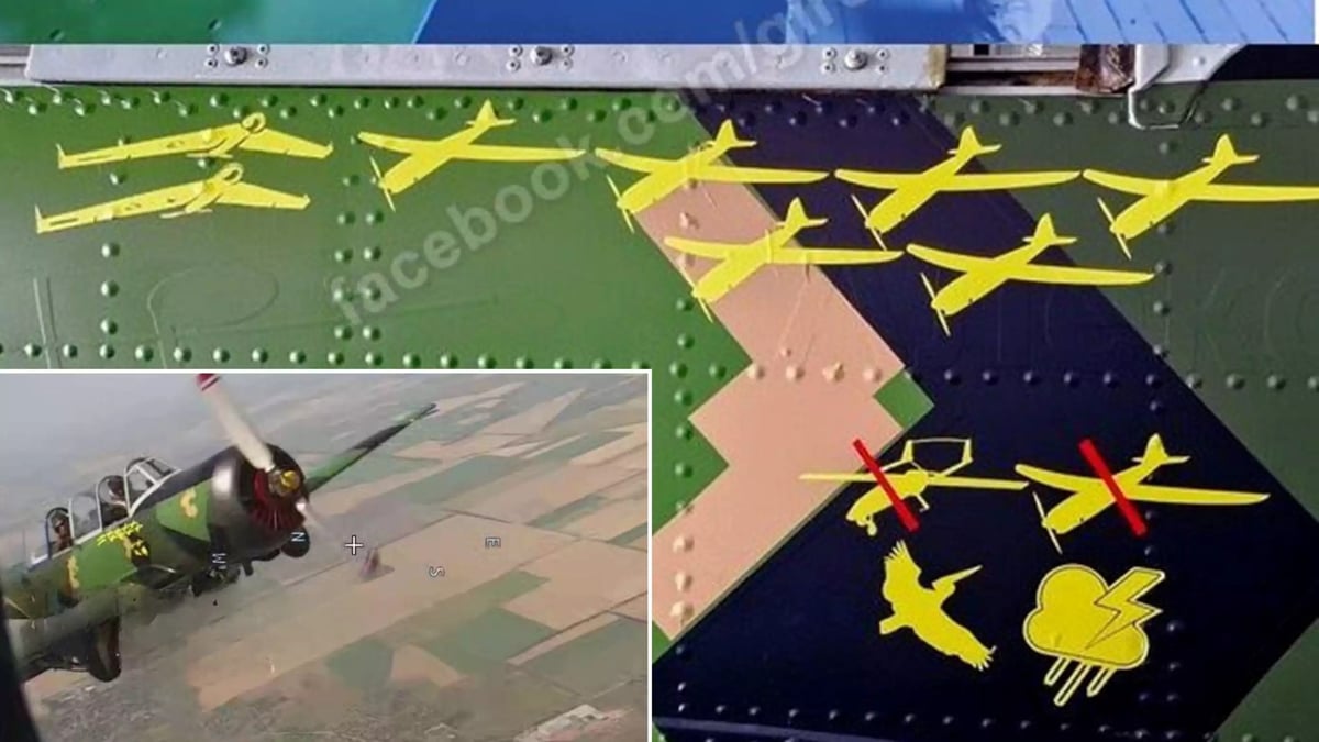 Un Yak-52 ukrainien filmé par un drone russe peu avant son interception. D'après les marques de victoires, plusieurs drones de reconnaissance ont déjà été abattus.