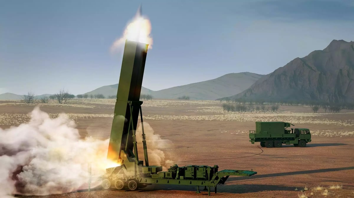Représentation du tir d'un missile équipé d'un planeur hypersonique depuis une batterie LRHW.