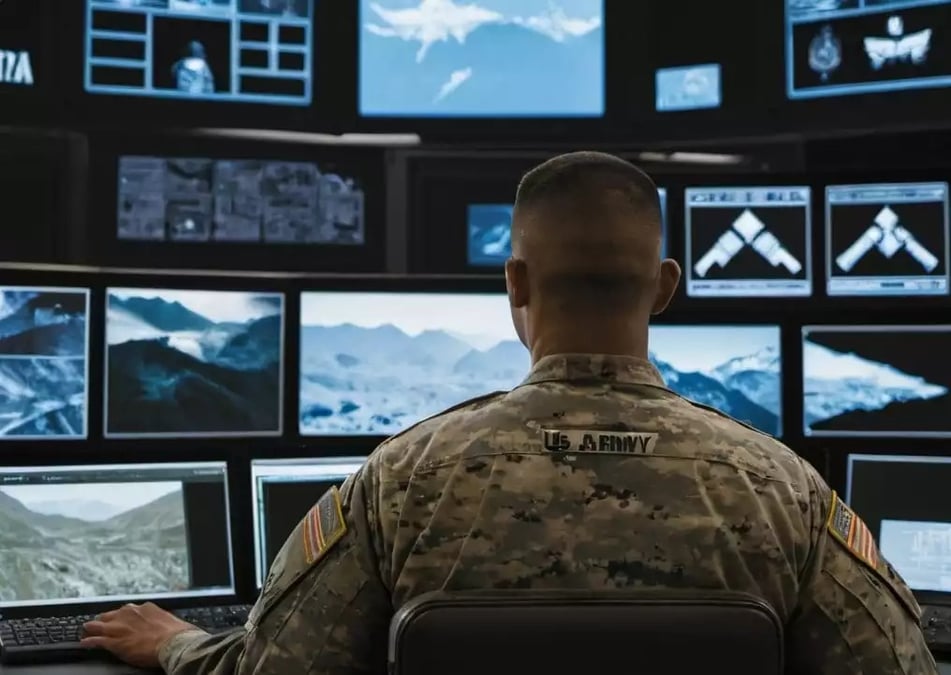 Image générée par intelligence artificielle d’un soldat américain devant un tableau de contrôle.