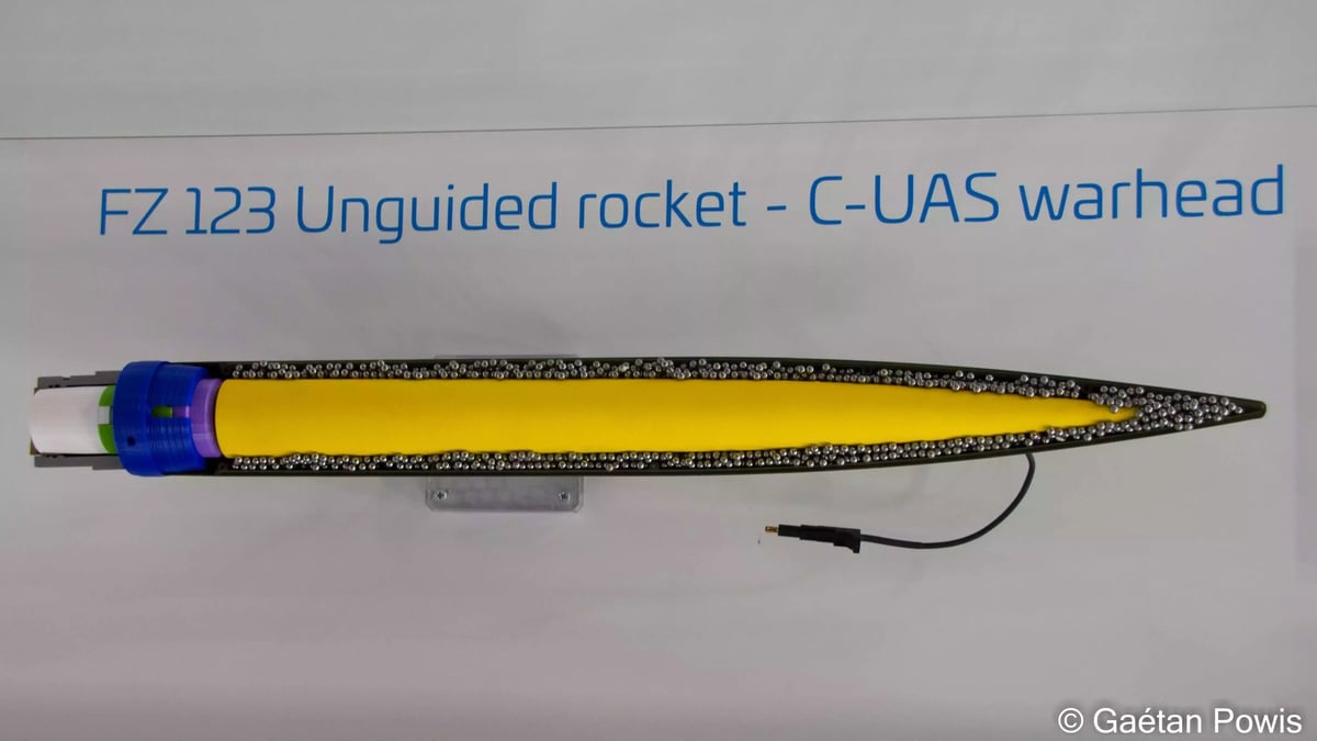 Intérieur de la tête de la roquette anti-drone FZ123 (70 mm), avec l'explosif (jaune) entouré de plus de 6 000 billes.