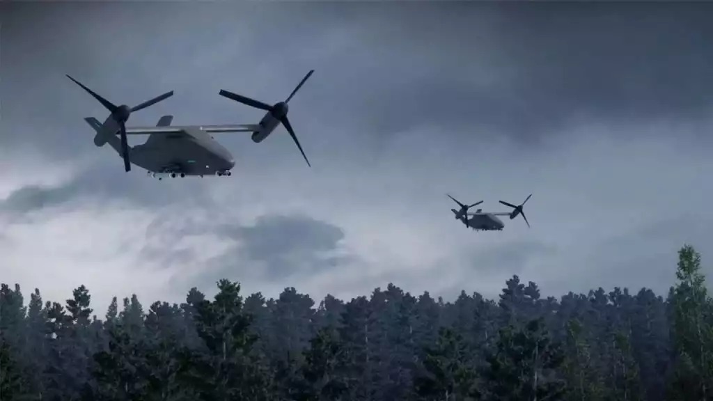 Représentation de deux tiltrotors autonomes CxR de Boeing équipés de tubes lance-drones (octobre 2025).