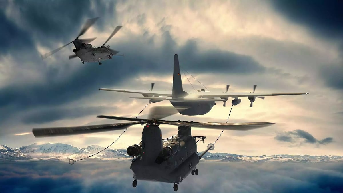 Représentation du ravitaillement en vol de deux CH-47F Block II allemands par un KC-130J allemand.