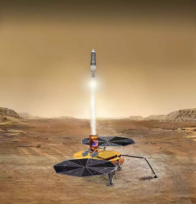 Vue d’artiste de 2003 représentant le départ des échantillons depuis la planète Mars selon le concept GBMSR.