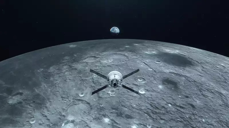 Vue d’artiste du vaisseau Orion survolant la Lune.