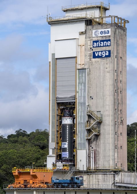 P120C rocket motor on test stand.
