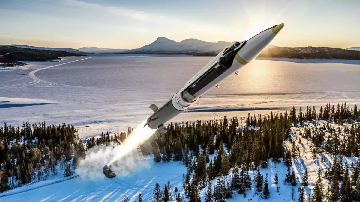 Image de synthèse d'une munition Ground Launched Small Diameter Bomb tirée depuis un M270 MLRS.