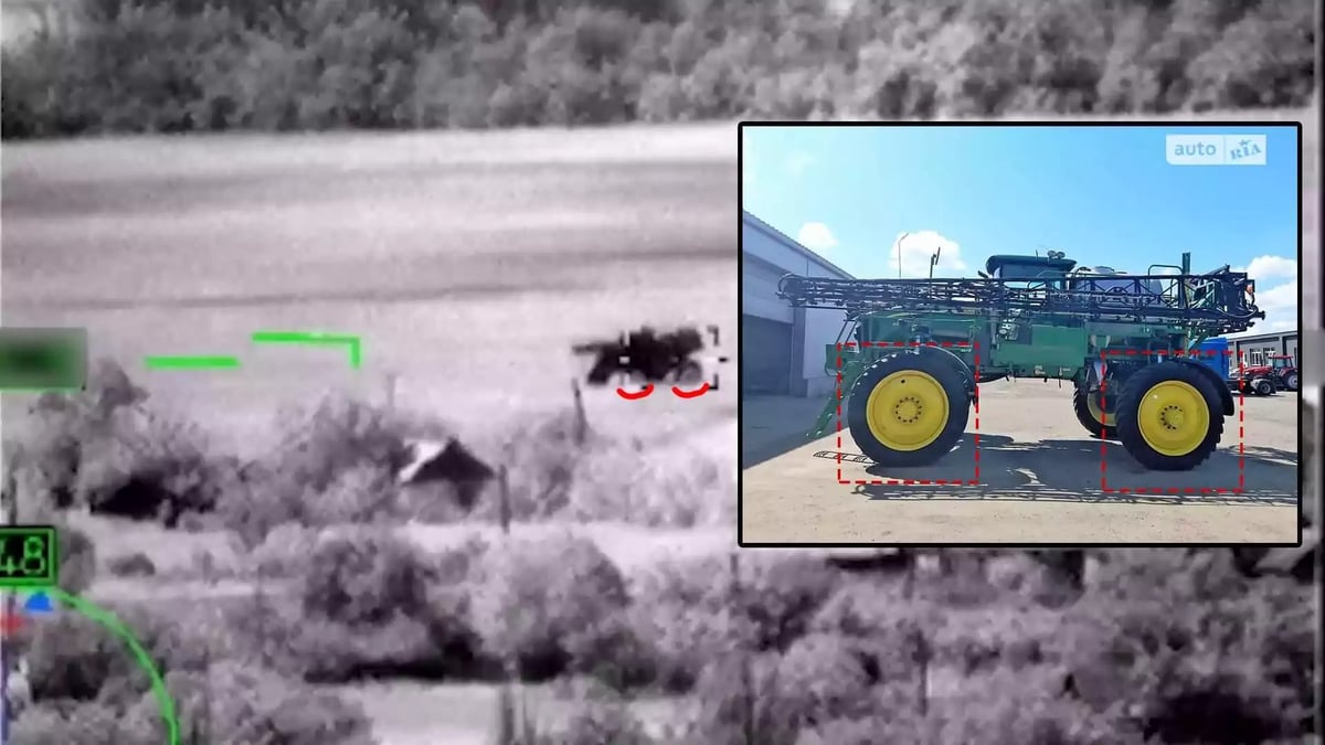 Le tracteur pulvérisateur présenté par le ministère de la Défense russse comme un char de combat Leopard.