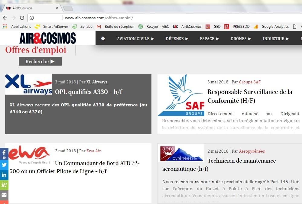 La rubrique Offres d'emploi d'Air&Cosmos sur le web, les réseaux sociaux en push.