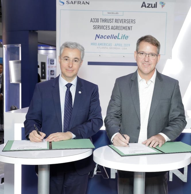 Safran Nacelles a signé le 9 avril un contrat couvrant la maintenance et l'approvisionnement de pièces de rechange des inverseurs de poussée des moteurs Rolls-Royce Trent 700 d'Airbus A330 de la compagnie aérienne Azul.