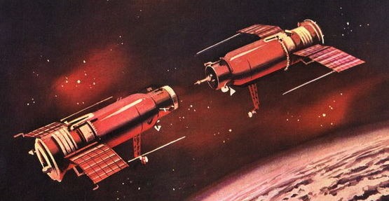 Vue d'artiste du premier amarrage automatique de deux vaisseaux spatiaux