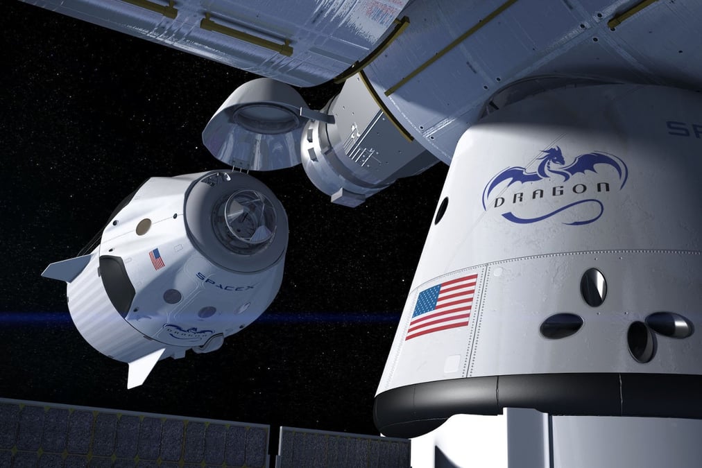 Vue d'artiste d'un amarrage de Crew Dragon à l'ISS