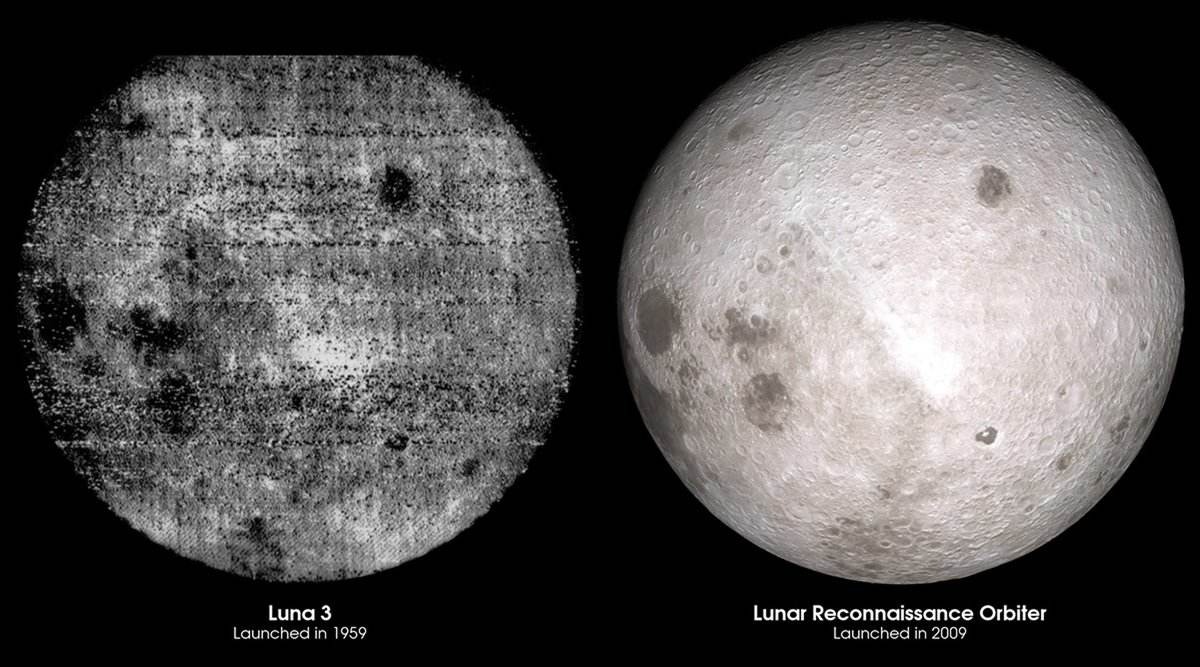 Comparaison de la première photographie de la face cachée de la Lune par la sonde Luna-3, avec un assemblage de clichés de la sonde LRO.