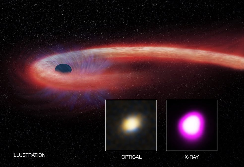 Vue d'artiste d'une dislocation d'étoile. Encart de gauche : galaxie hôte. Encart de droite : source XJ1500+0154.