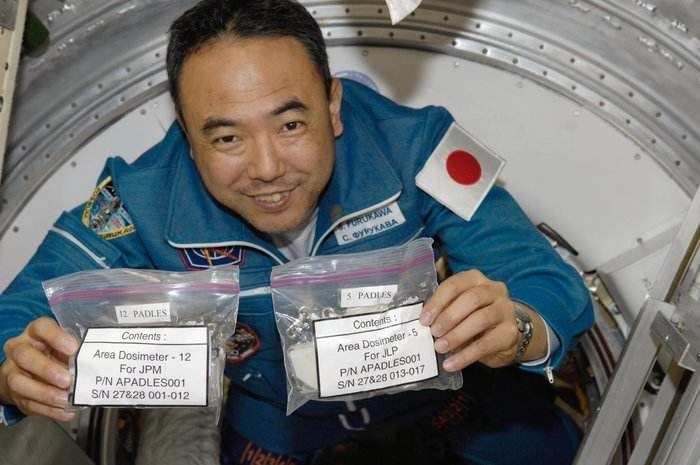 L'astronaute japonais Satoshi Furukawa avant l'installation de dosimètres pour les modules du laboratoire Kibo, en mai 2014.