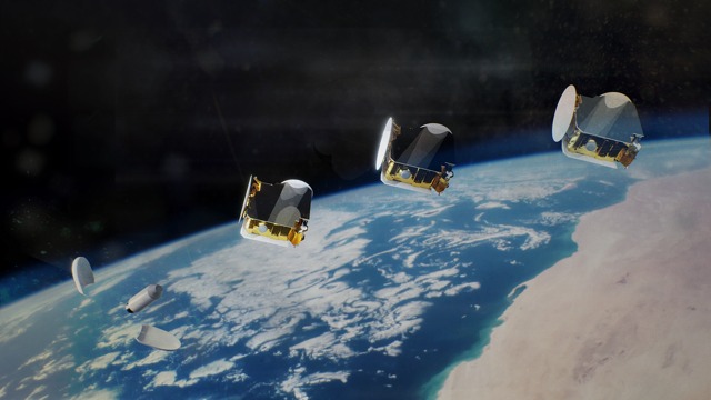 Vue d'artiste du déploiement sur orbite d'un trio de satellites OneSat d'Airbus