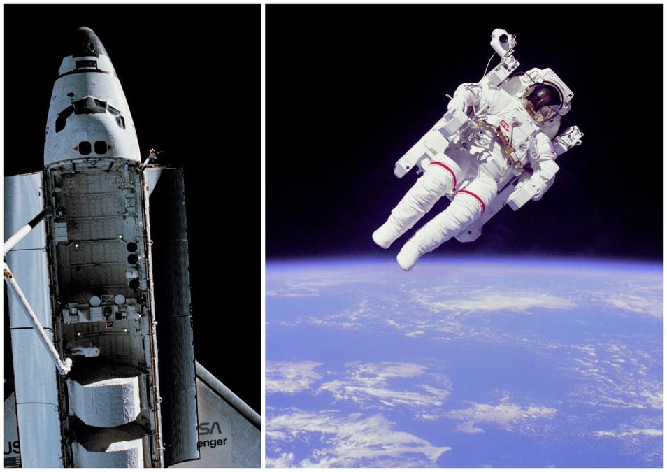 L'astronaute Robert Stewart dans la soute de Challenger et Bruce McCandless sans "fil à la patte"