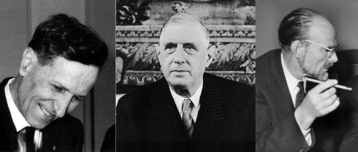 Trois des principaux artisans de la création du Comité des recherches spatiales. De gauche à droite : Jean Coulomb, le général de Gaulle et Pierre Auger