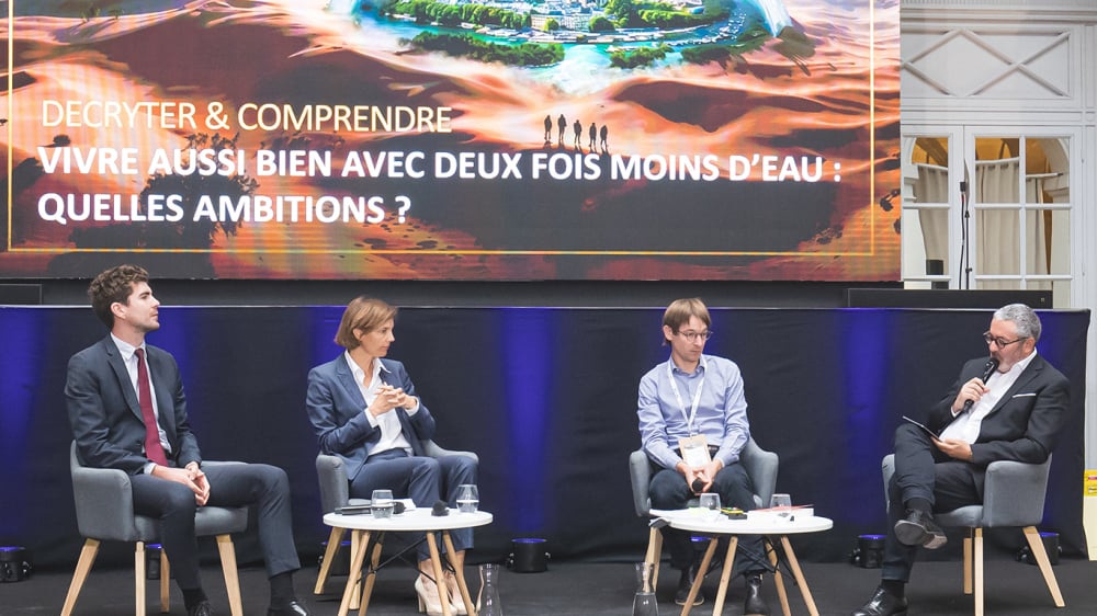 Tonon, Rapporteur, Haut-commissariat à la stratégie et au plan ; Vivian Depoues, Responsable adaptation au changement climatique, I4CE ; Elodie Galko, Directrice générale de l'Agence de l'eau Adour-Garonne ; Boris Georgelin, Animateur, La Tribune