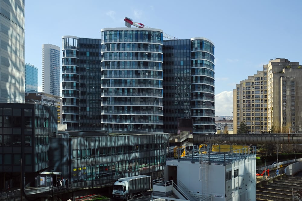 Paris, France - March 6, 2024. Cityscape and buildings architecture in La Defense, a major business district of Paris, France. Cyber Campus buildings.