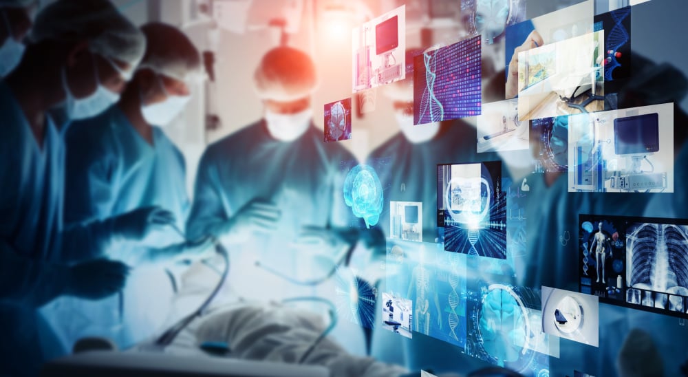 Doctors performing surgery and medical technology. Medtech. VR surgery. Wide angle visual for banners or advertisements.
