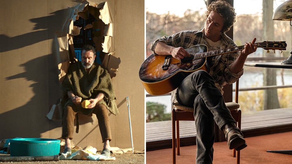 (À gauche) Jean Dujardin dans « l'homme qui rétrécit » ; (à droite) Jeremy Allen White dans « Deliver me from Nowhere ».