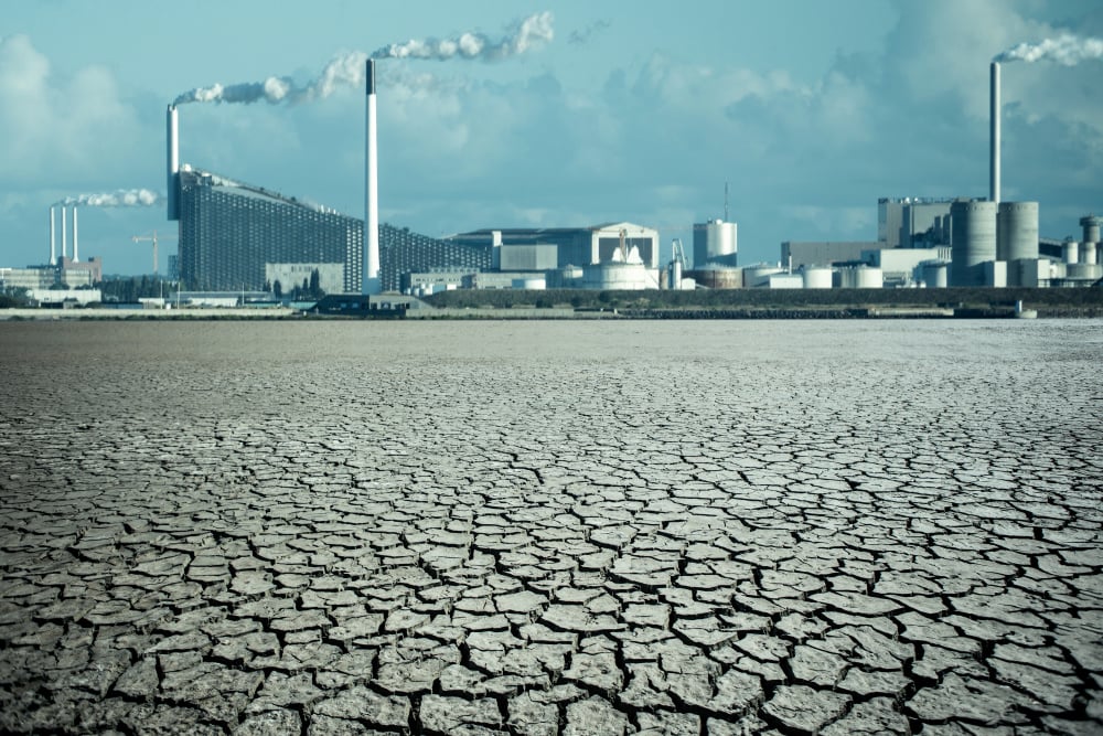 City after the effects of global warming and air pollution. Climate changes concept.
