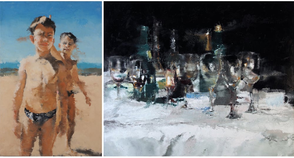 « Guillaume et Thomas », 1996, et « Table fin de repas », 2012, par Philippe Cognée.