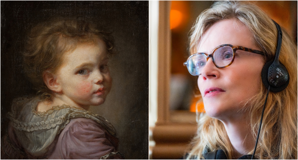À gauche : « Tête d’enfant », dit « La Petite Nanette », 1770-1780 ; à droite, Isabelle Carré.