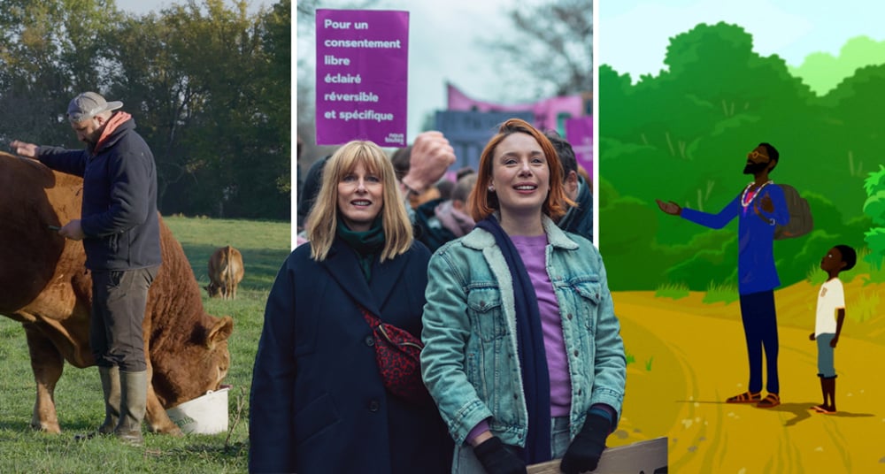 e gauche à droite : Jérôme Bayle dans Rural ©Nord Ouest ; Karin Viard et Laetitia Dosch dans La Maison des Femmes.