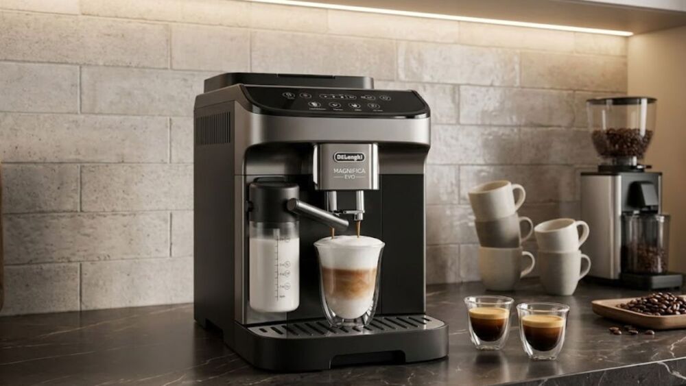 La De’Longhi Magnifica Evo ECAM290.51.B permet de préparer deux expressos simultanément grâce à son broyeur intégré.