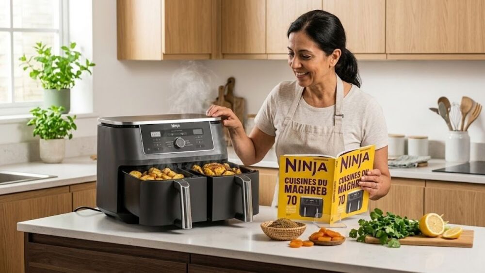 Le Ninja Air Fryer double compartiment XL permet de cuire deux plats différents en même temps grâce à ses deux zones indépendantes.