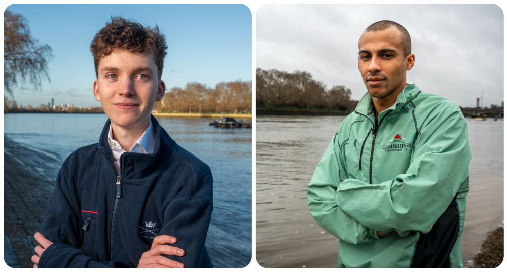 À g., Tobias Bernard, (Oxford). À dr., Noam Mouelle (Cambridge) en décembre sur la Tamise, à Londres.