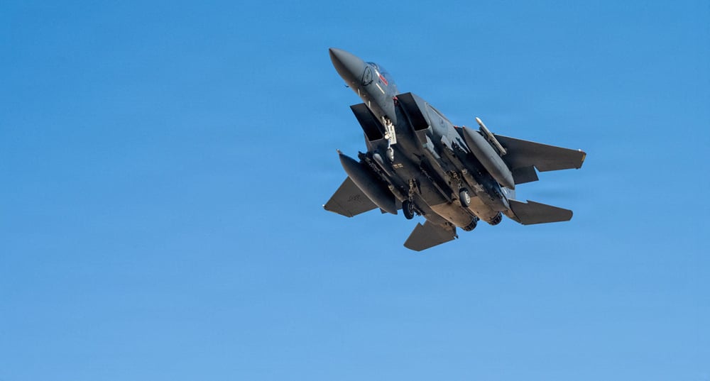 Un avion F-15E Strike Eagle de l’US Air Force décolle pour une mission de soutien à l’opération « Epic Fury », le 9 mars 2026 (image d’illustration).