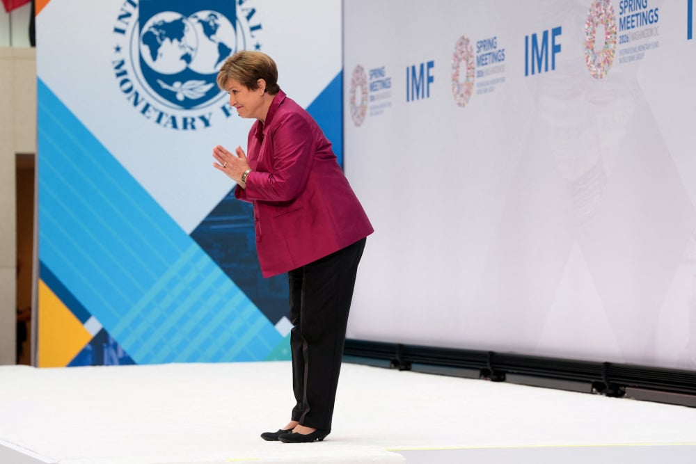 La directrice générale du FMI, Kristalina Georgieva, prononce un discours en amont des réunions de printemps du FMI et de la Banque mondiale à Washington, le 9 avril 2026.