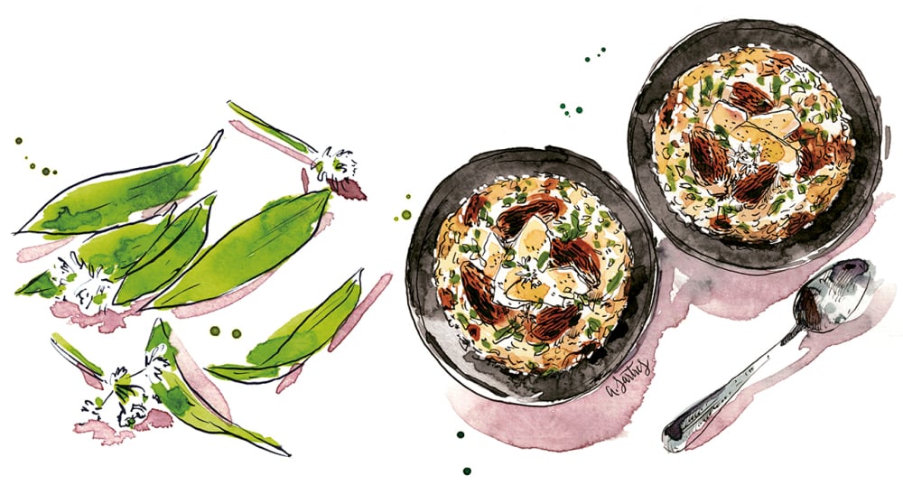 Découvrez la recette d'Anne Etorre, le risotto à l'ail des ours et aux morilles.