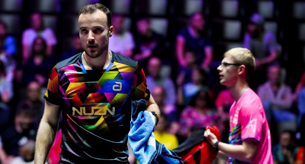 Simon Gauzy et Félix Lebrun lors du WTT Champions Montpellier, le 30 octobre 2025.