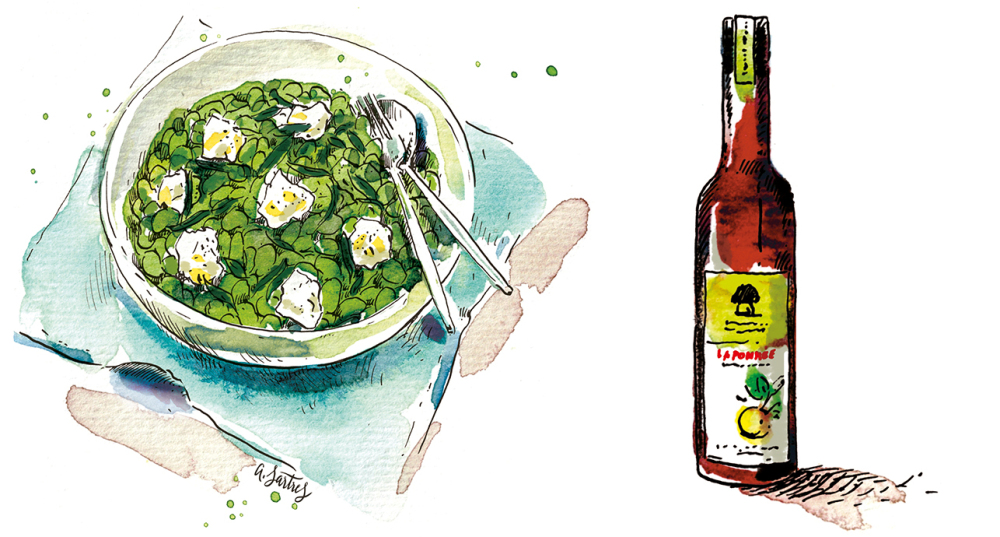 Découvrez la recette de la salade de fèves, chèvre frais et estragon d'Anne Etorre.