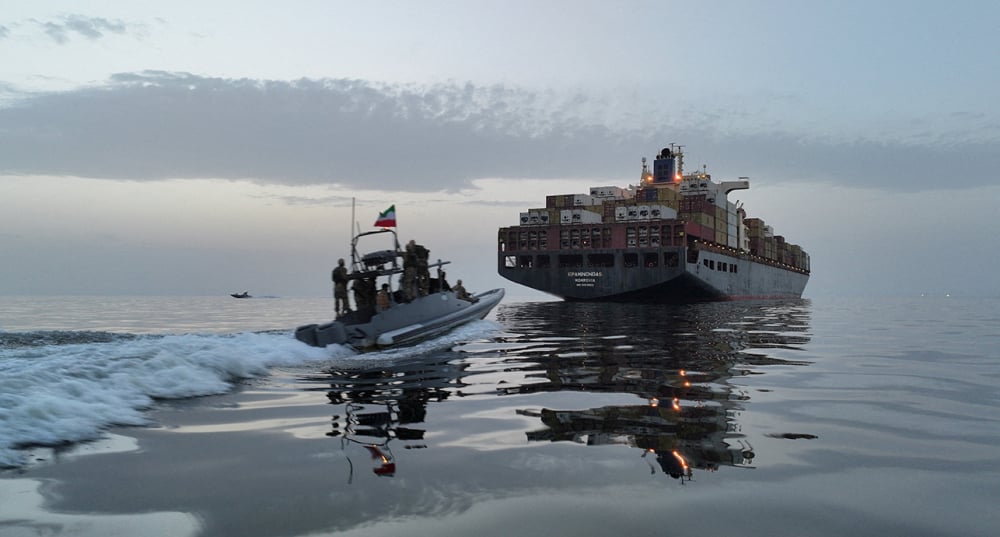 Le navire Epaminondas, lors de sa saisie par le Corps des gardiens de la révolution islamique (IRGC) dans le détroit d'Ormuz, en Iran.