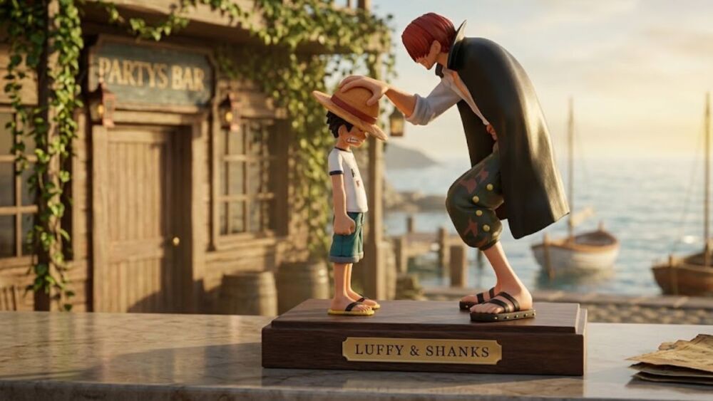 Cette figurine One Piece représente une scène marquante entre Shanks et Luffy dans un format de 18 cm pensé pour les collectionneurs.