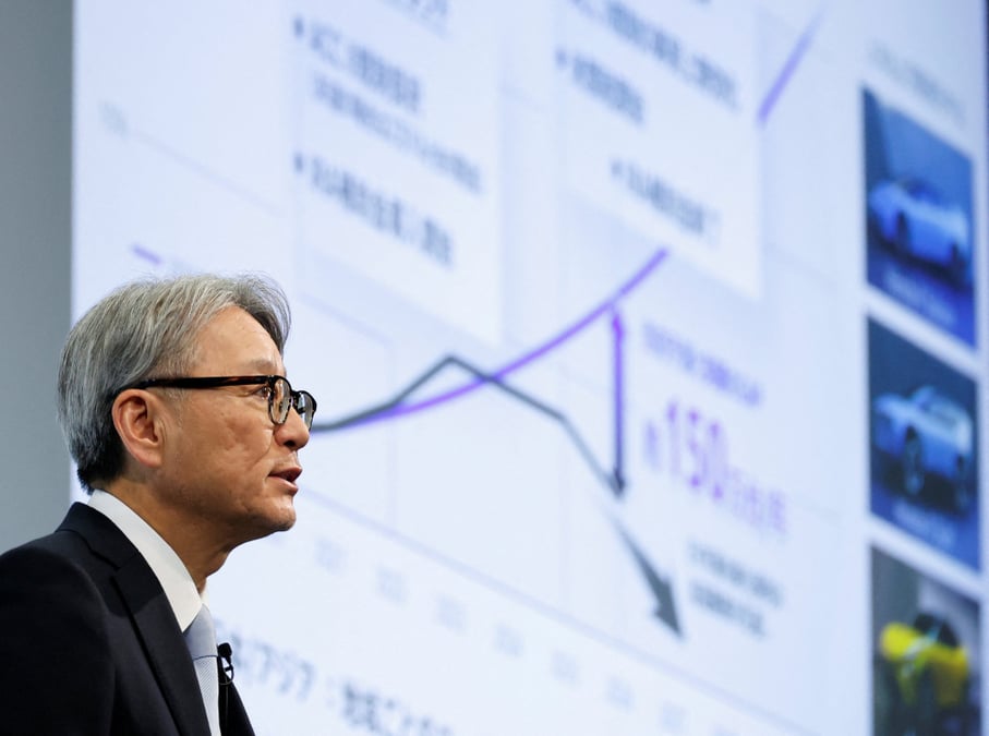 Le PDG et président de Honda Motor, Toshihiro Mibe, lors d'un point presse sur les résultats financiers de l'entreprise à Tokyo (Japon), le 14 mai 2026.